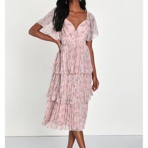 Lulu's Blush Pink Floral Tiered Midi Dress